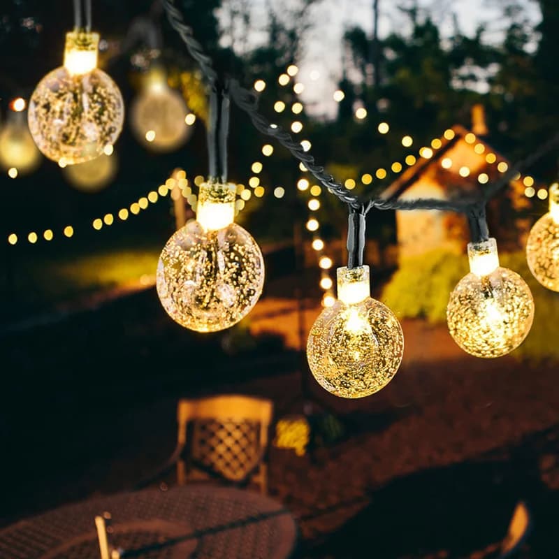 Cordão de Luzes LED Bola Bolha Branco Quente com Energia Solar