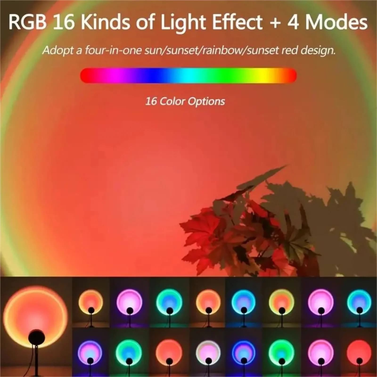 Projetor LED Pôr do Sol USB, Luz Noturna com Atmosfera Arco-Íris e Controle Remoto