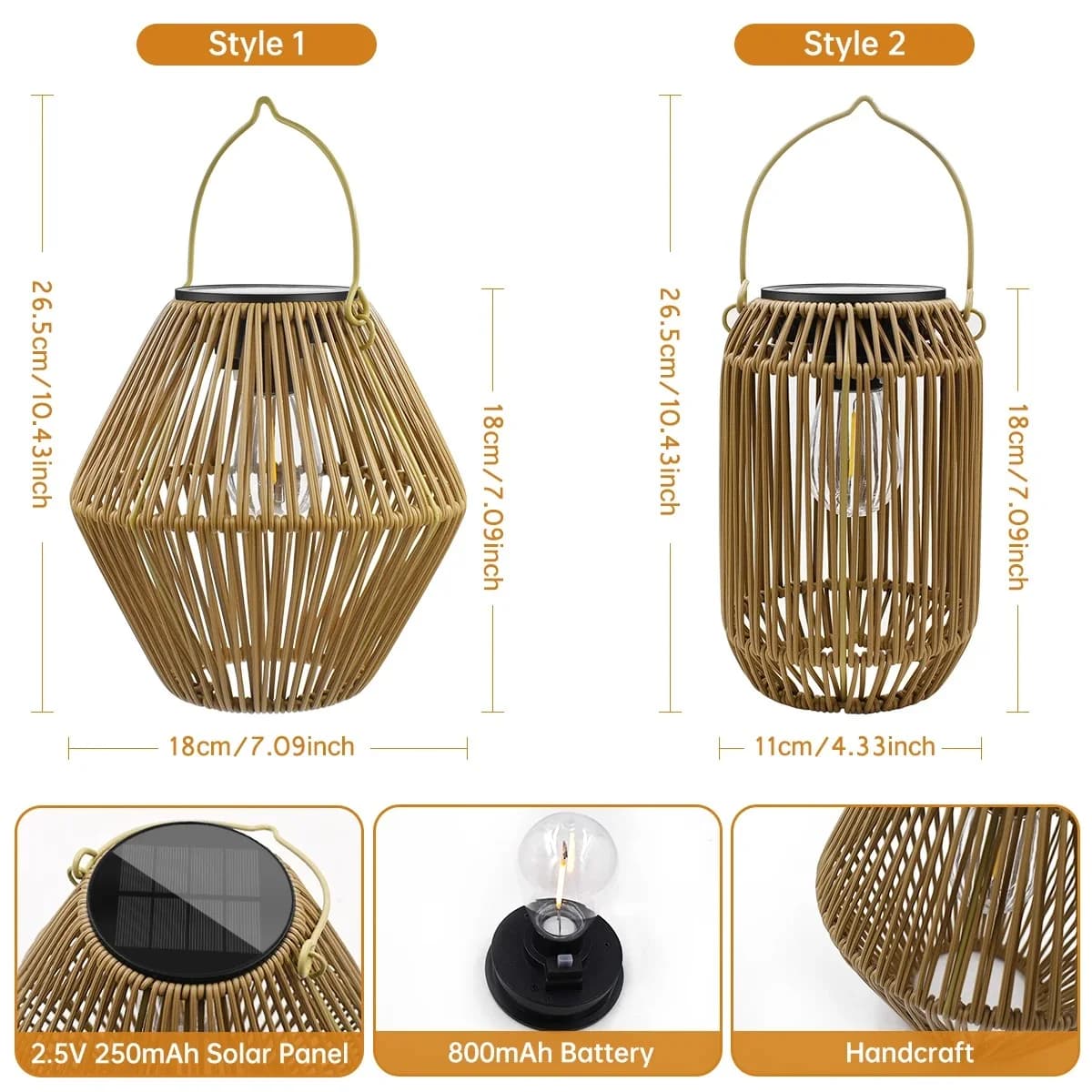 Lanterna Solar de Rattan Artesanal com LED Branco Quente