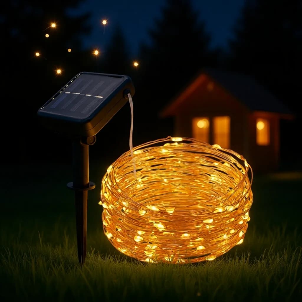 Luzes de Cordão LED Branco Quente com Energia Solar, Fio de Cobre