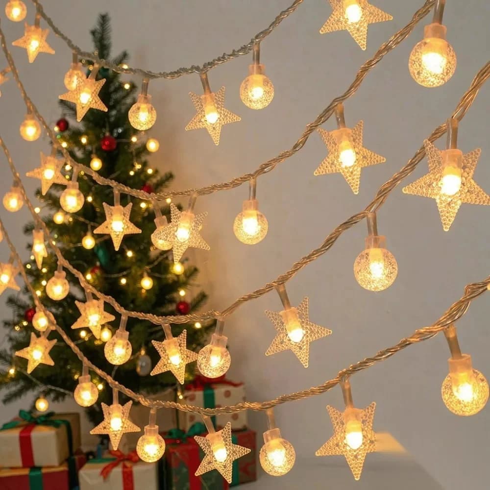 Fio de Luz Solar Outdoor com Globos Estrelados, Multicolorido