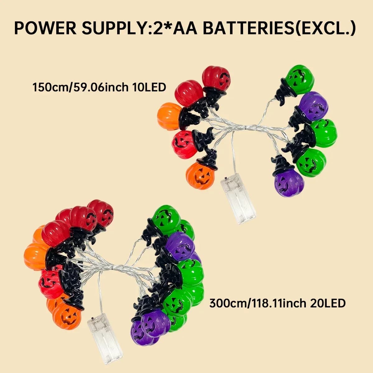 Luzes de Cordão LED Multicoloridas de Abóbora, Chapéu de Bruxa e Fantasma