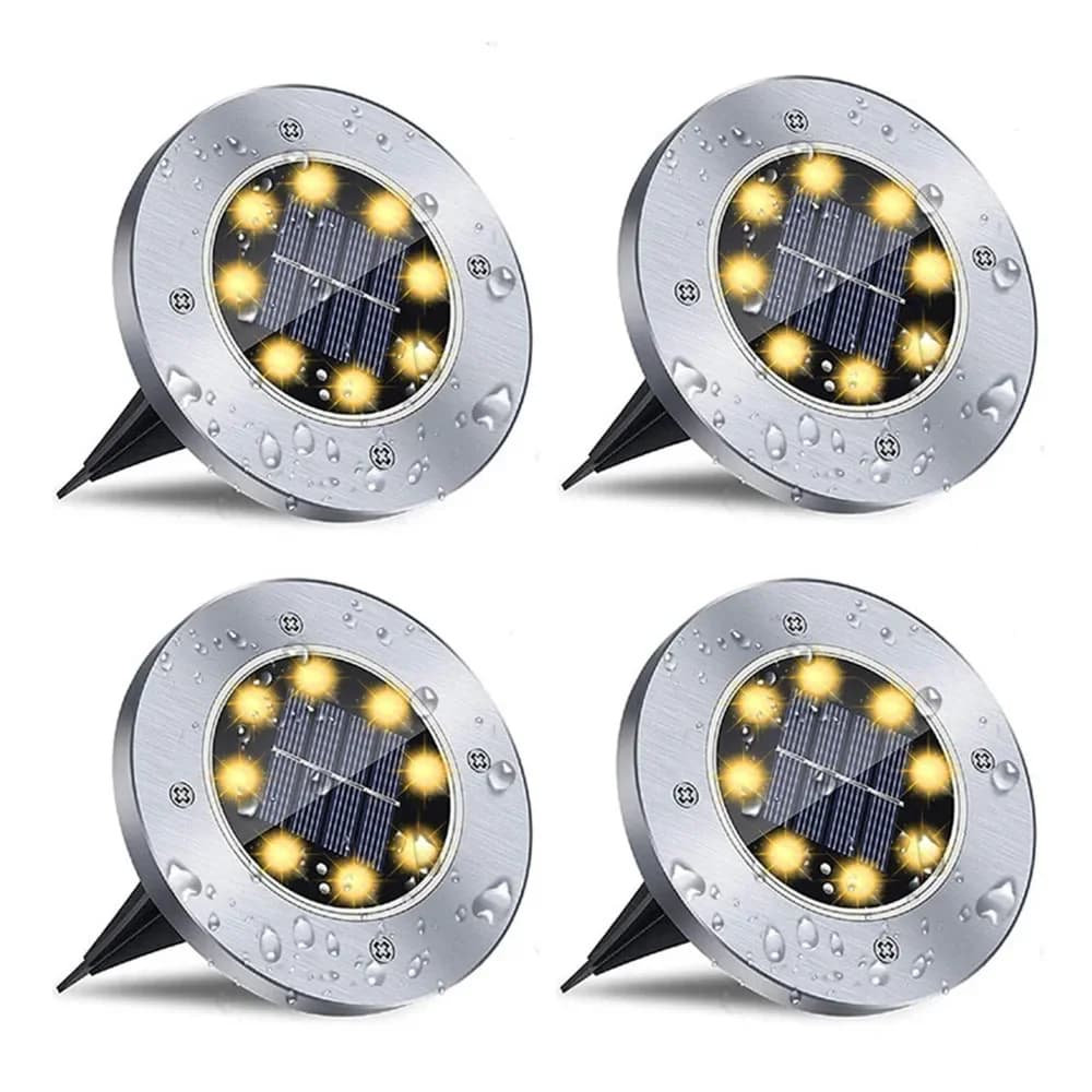 Kit com 4 Luzes de Deck LED Solares Discos, 8 LEDs