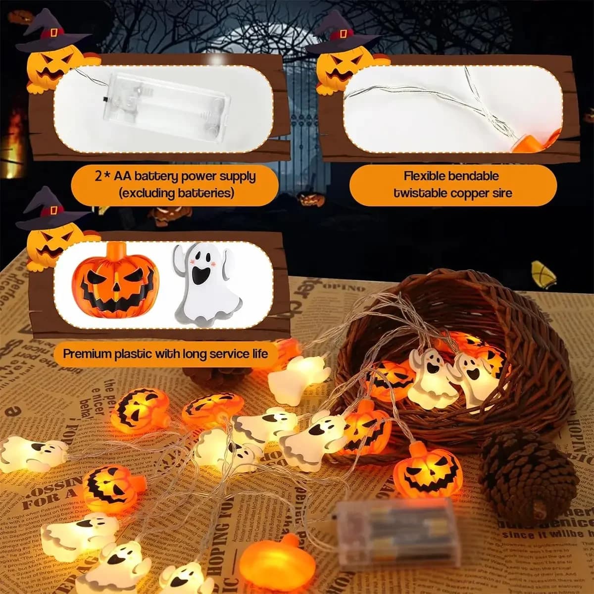 Cordão de Luzes LED Halloween Fantasma e Abóbora a Pilha