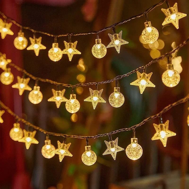 Luzes de Cordão Solar com Bolas e Estrelas, Branco Quente & Multicolor