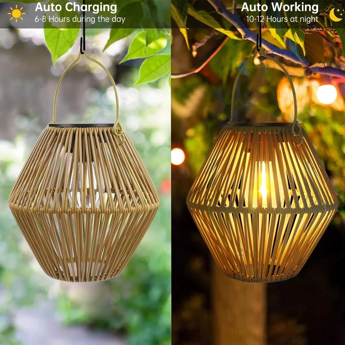 Lanterna Solar de Rattan Artesanal com LED Branco Quente