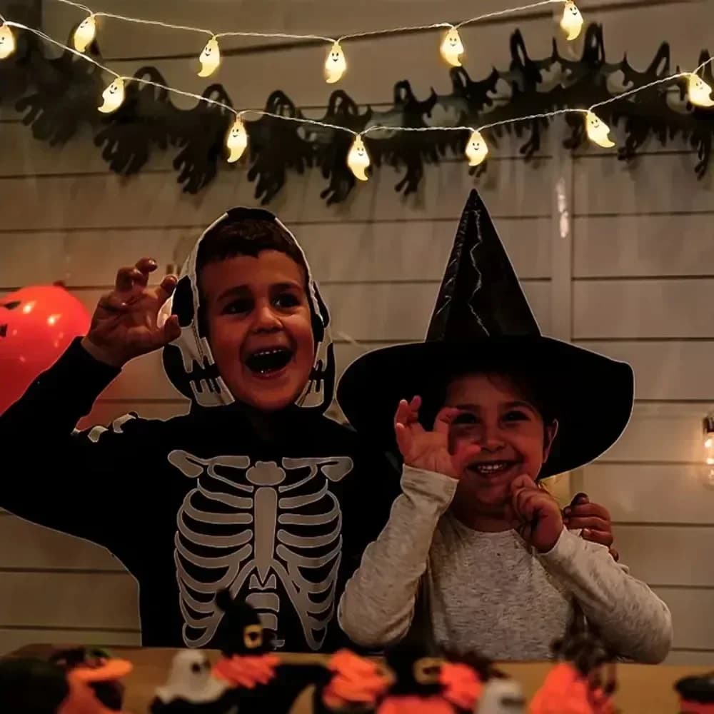 Luzes de Cordão Halloween Rosto Sorridente, Branco Quente