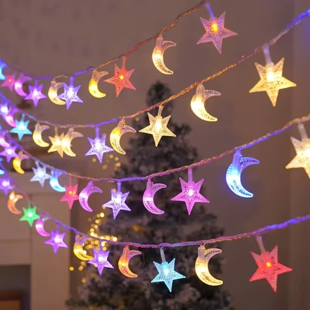 Luzes Cordão Solar Estrela e Lua Branco Quente Multicolorido
