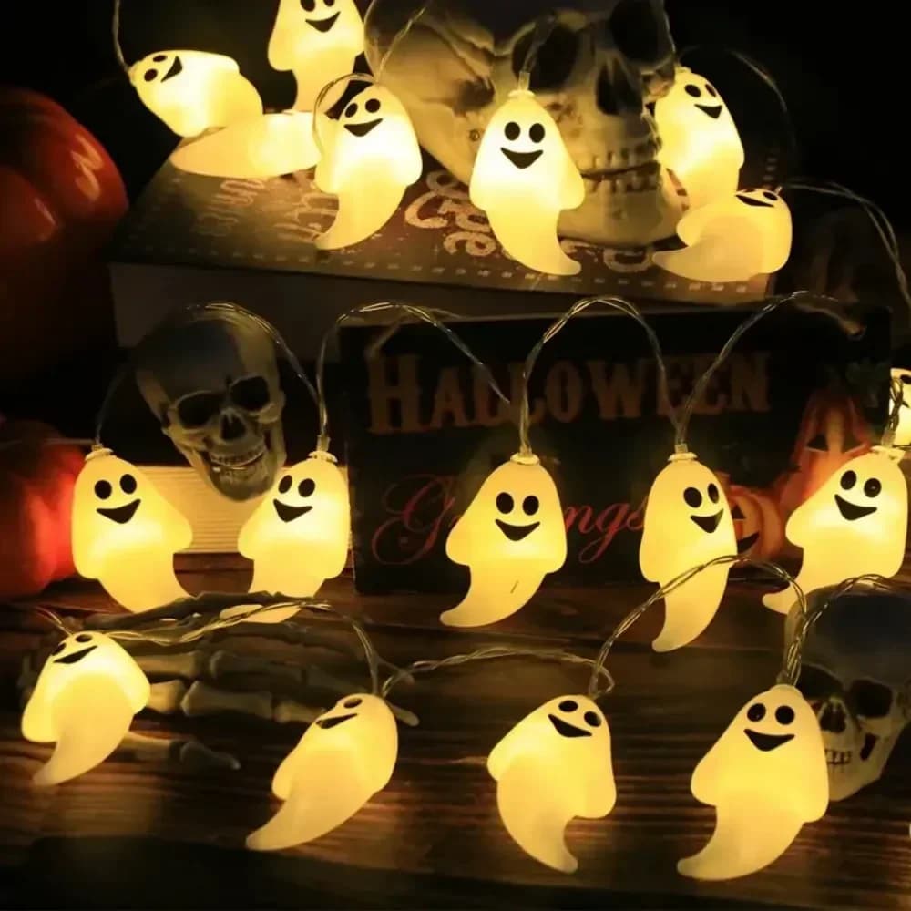 Luzes de Cordão Halloween Rosto Sorridente, Branco Quente