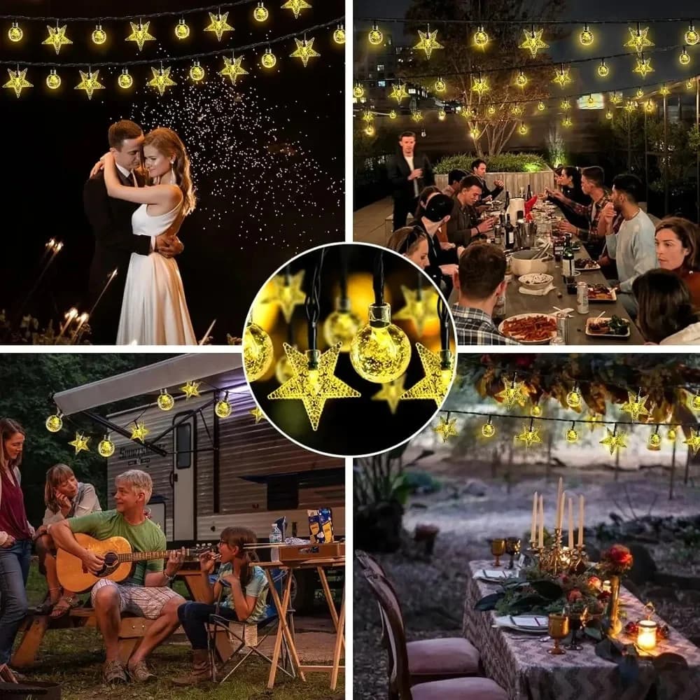 Fio de Luz Solar Outdoor com Globos Estrelados, Multicolorido