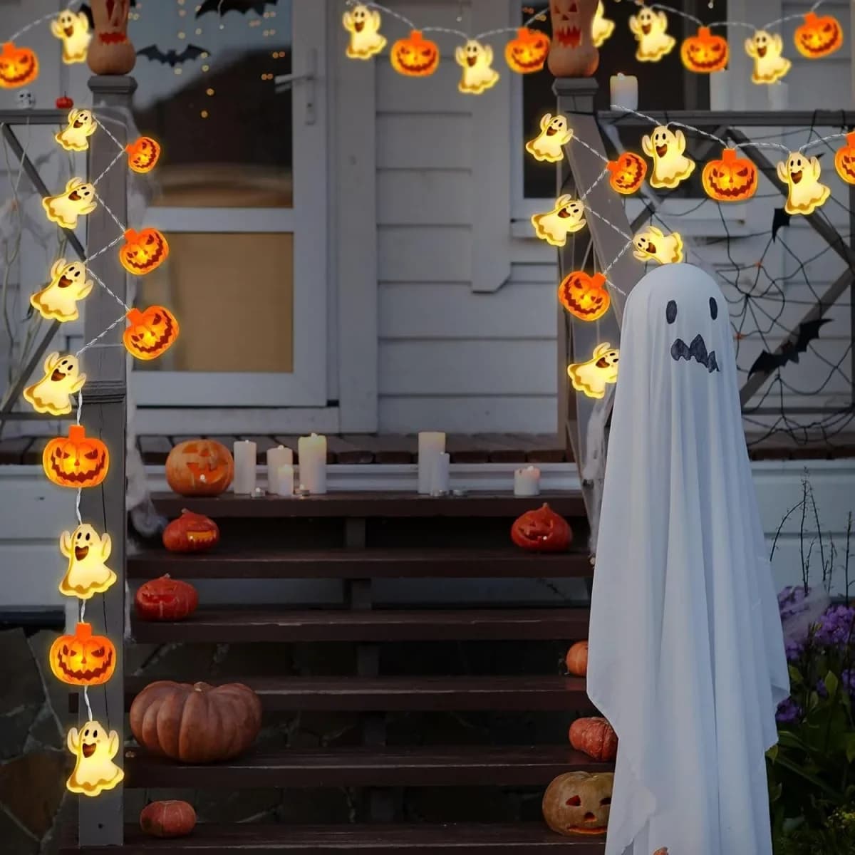 Cordão de Luzes LED Halloween Fantasma e Abóbora a Pilha