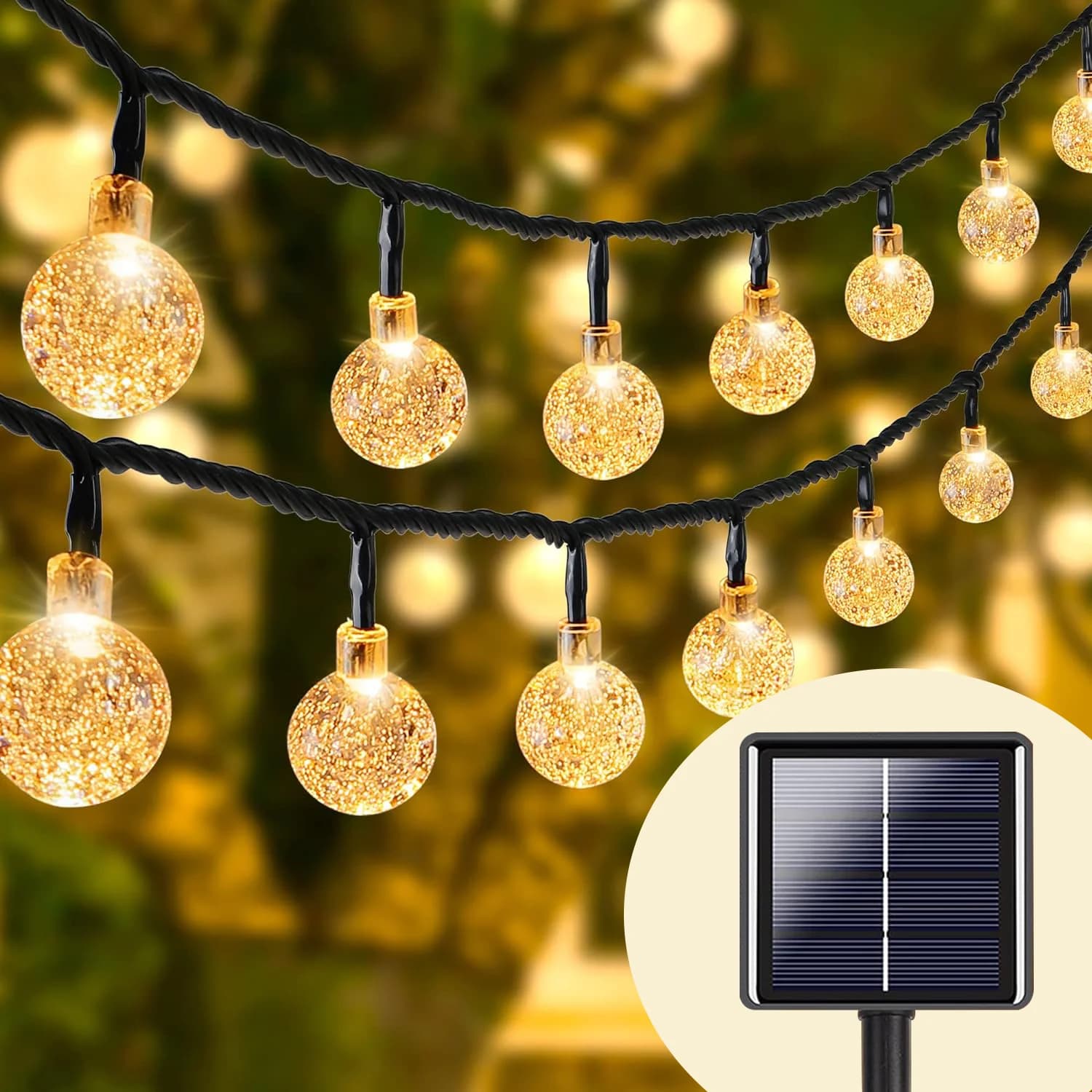 Luzes de Cordão Fio de Fadas com Bolas de Cristal Solares, Branco Quente para Externo